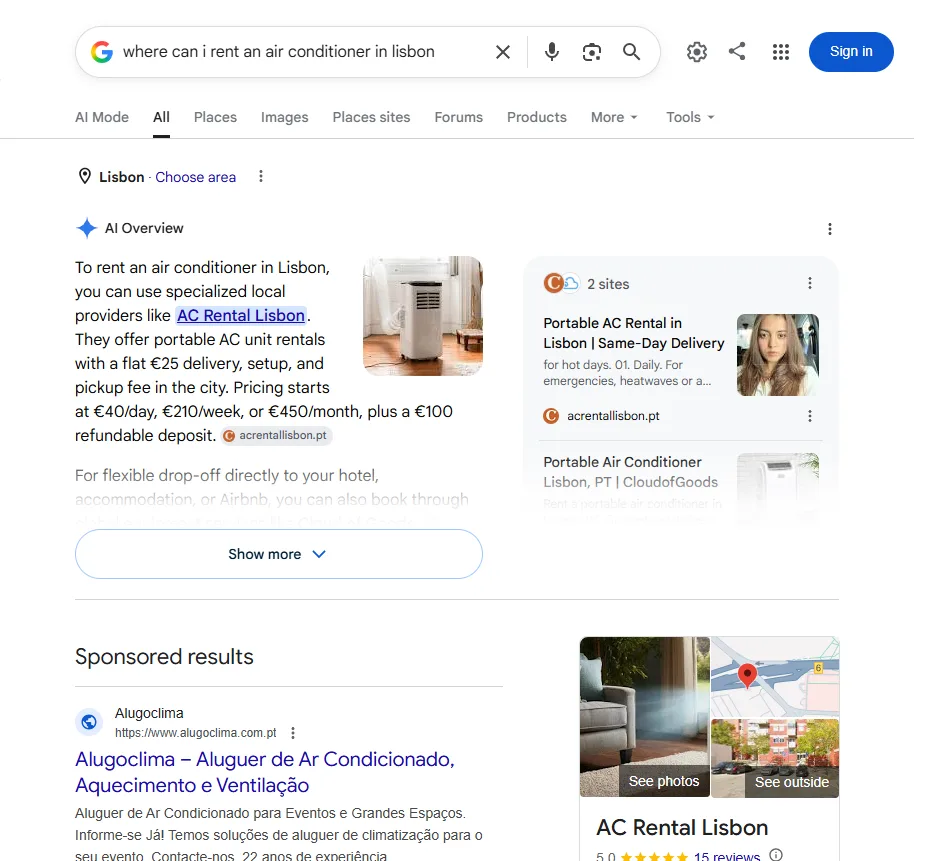 Google AI Overview beveelt AC Rental Lisbon aan als eerste aanbieder om een airco te huren in Lissabon, met link naar acrentallisbon.pt