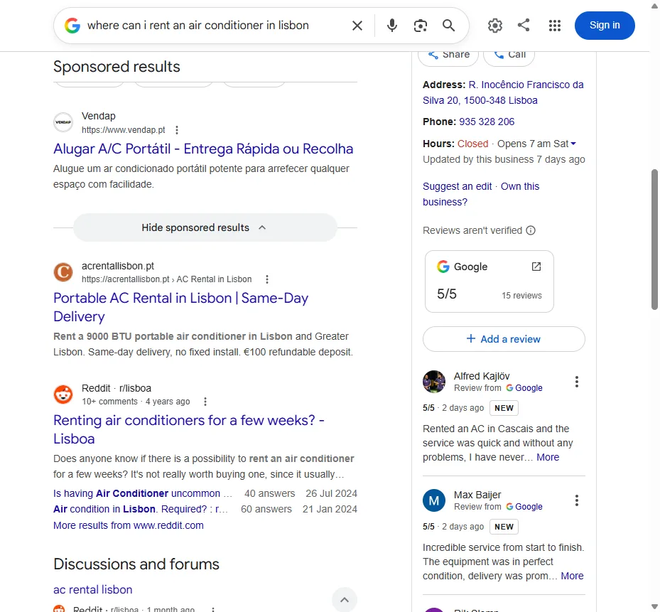 AC Rental Lisbon staat op positie 1 in de organische Google-resultaten voor het huren van een airco in Lissabon, met 5/5 reviews in het bedrijfsprofiel