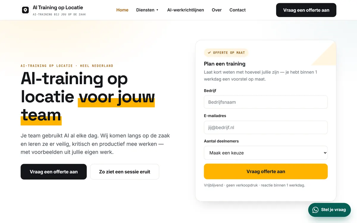 Schermafbeelding van de website aitrainingoplocatie.nl
