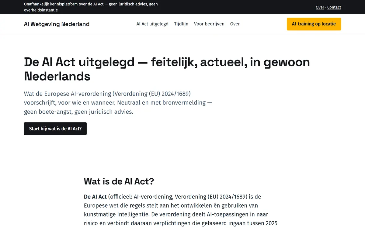 Schermafbeelding van de website aiwetgevingnederland.nl